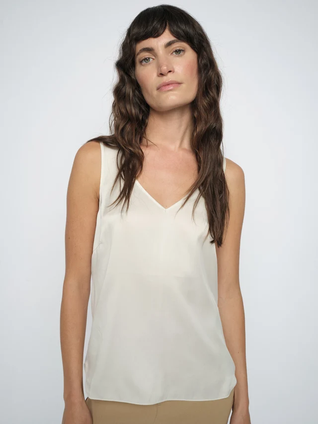 Mos Mosh- Astrid V-neck Silk Tank Top- Ecru