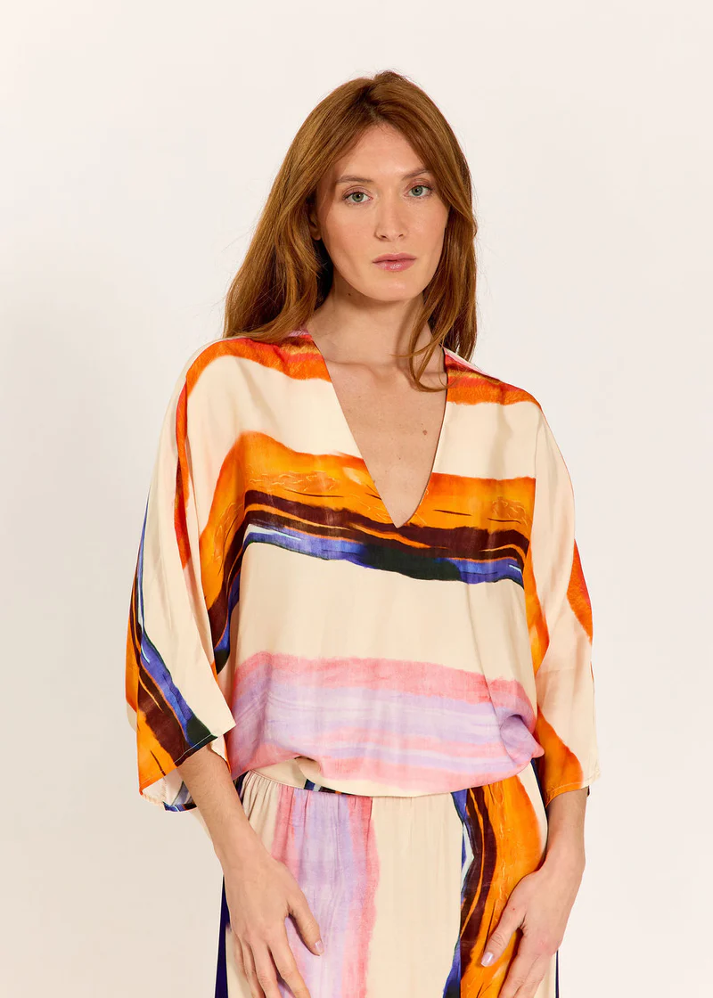 Lauren Vidal- Printed Poncho Top Tova Apricot- Orange
