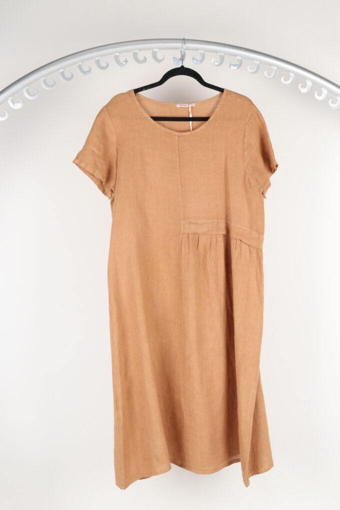 chinese dress ladies Rosemarine Plus Made in Italy Linen Sleeveless V-Neck Tiered Midi Dress Tan / 1x main image 1